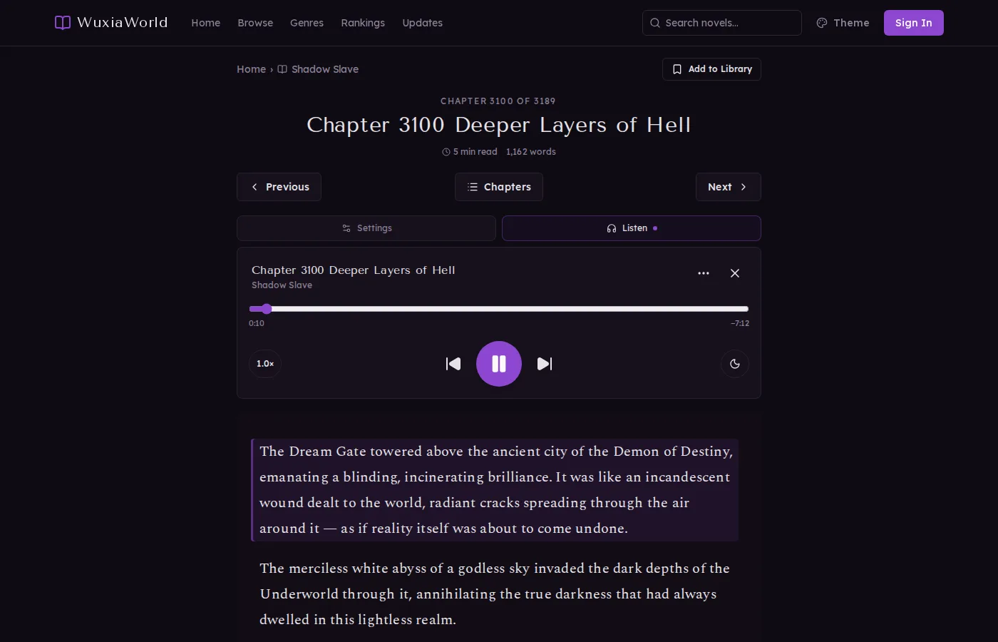 The Listen player open above a chapter on a computer