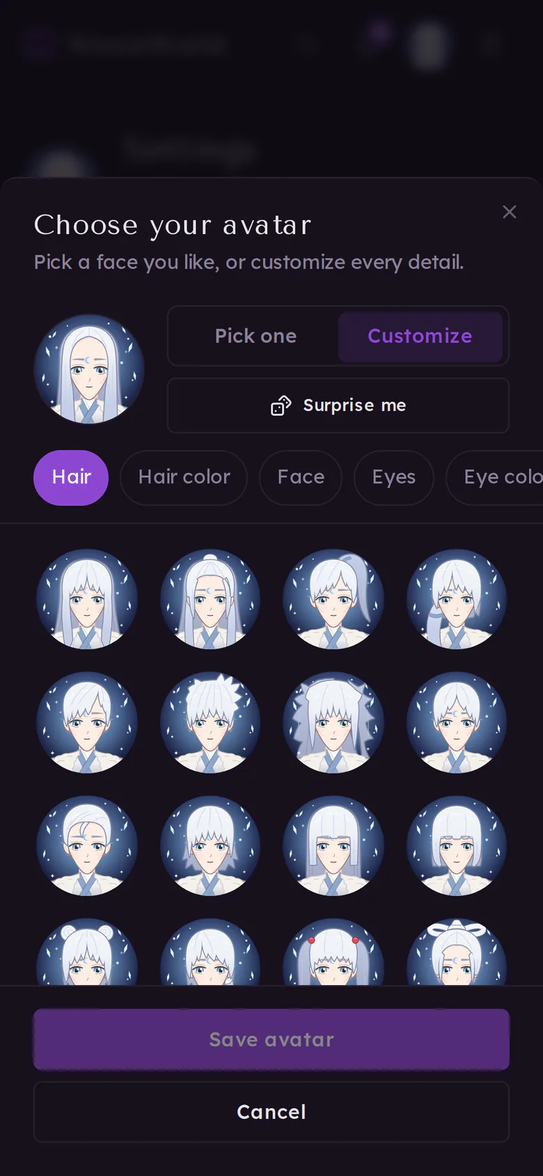 The Customize tab, showing hair styles drawn on the current face