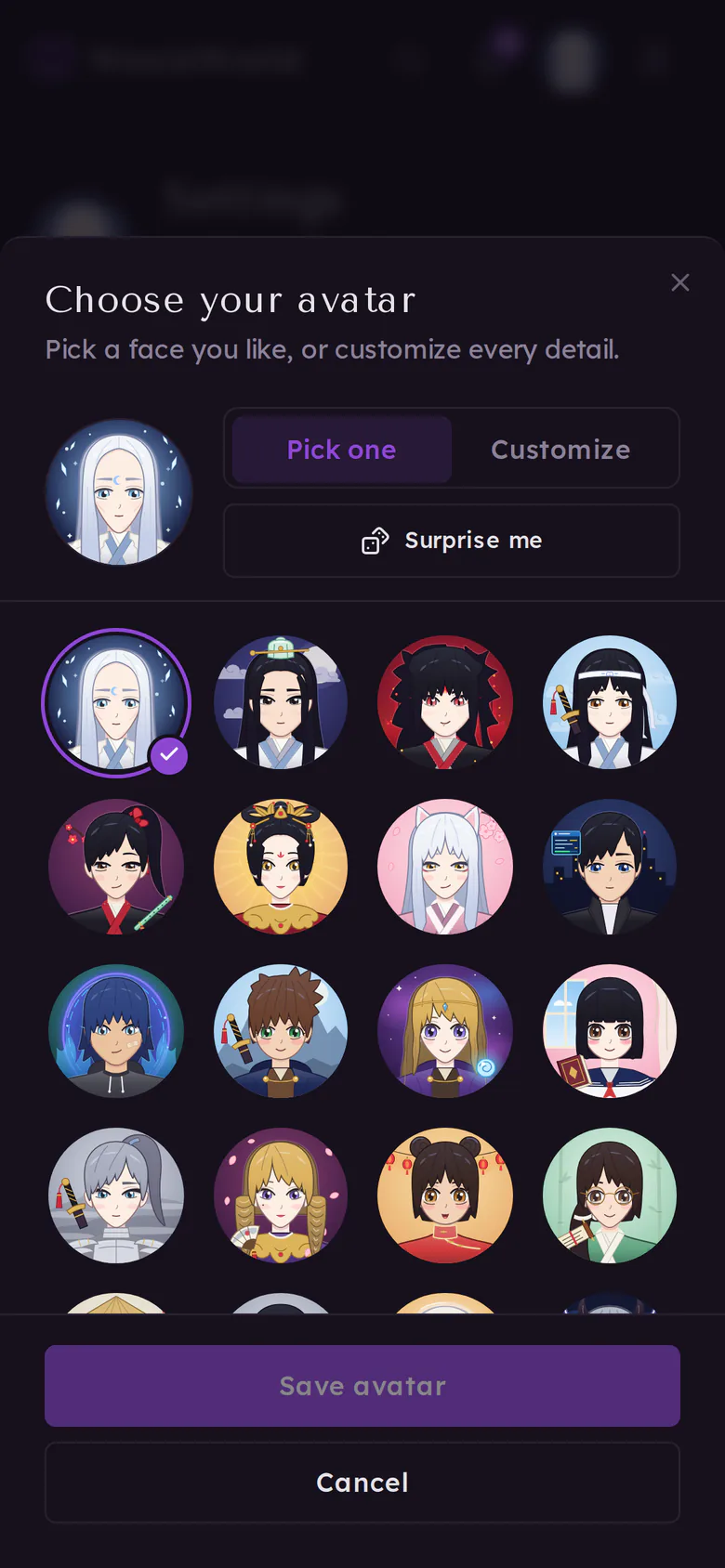 The avatar picker's Pick one tab, with a grid of ready-made avatars