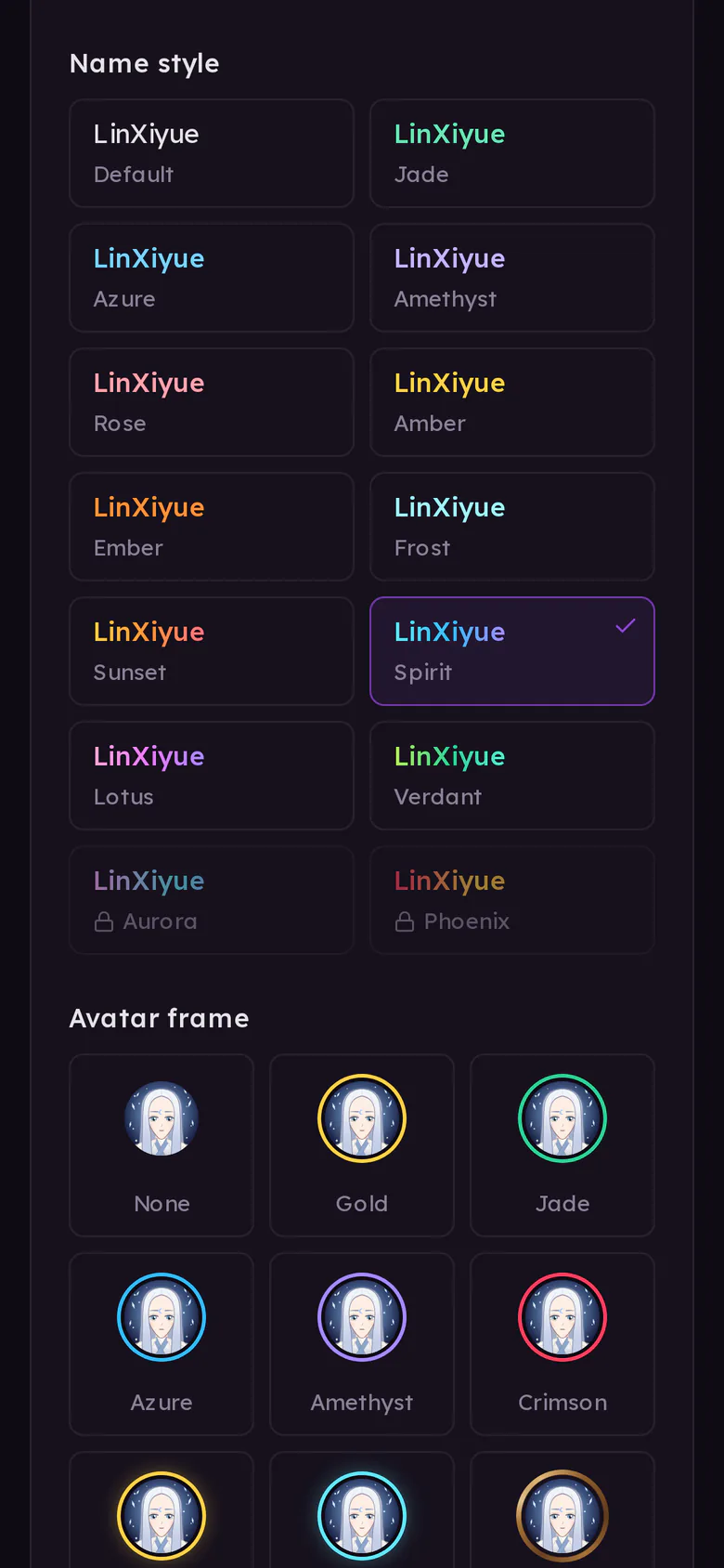 Settings showing name styles in colours and gradients, with the animated ones still locked, and avatar frames