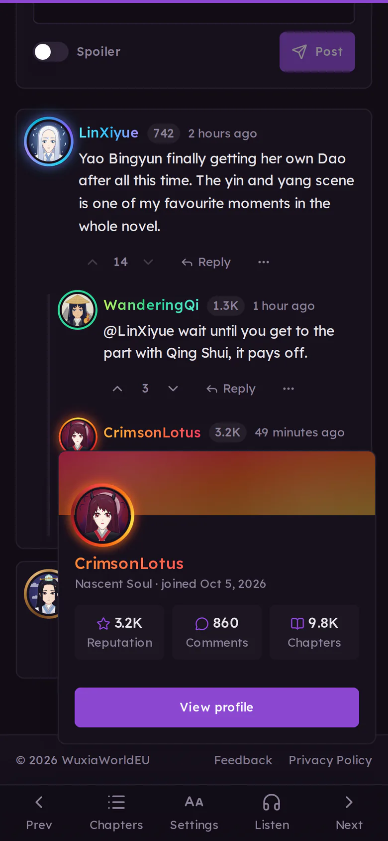 A member's card opened from their name in the comments, with their realm, reputation, comments and chapters read