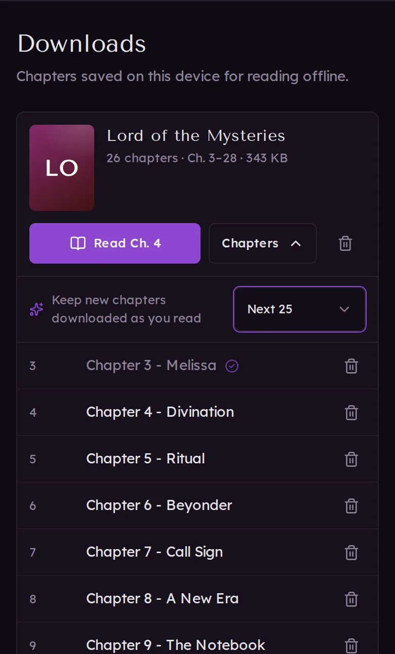 A downloaded novel with "Keep new chapters downloaded as you read" set to the next 25