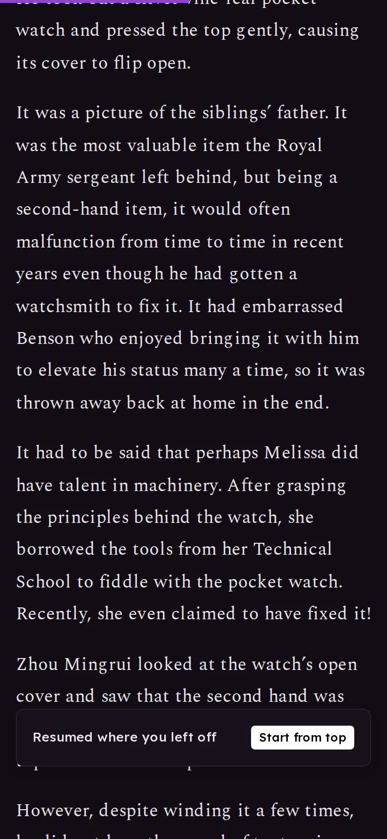 A chapter reopened at the same paragraph, with "Resumed where you left off" and a "Start from top" button