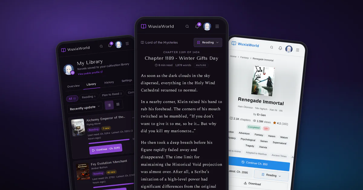 The new reader on a phone, between the library and a novel page in the light theme