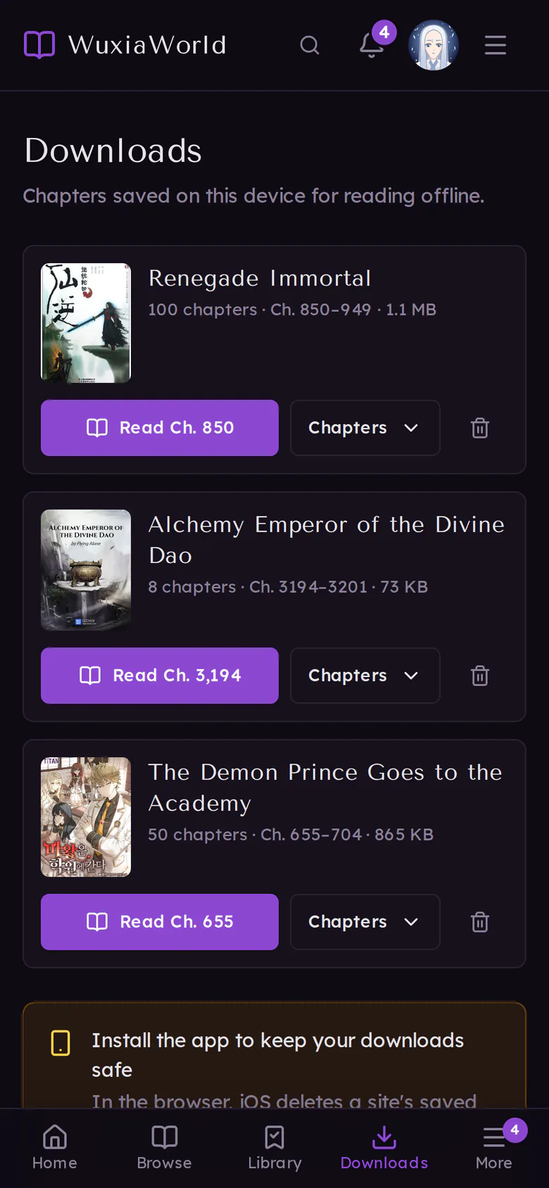 The Downloads page listing three novels saved on the phone, each with a Read button