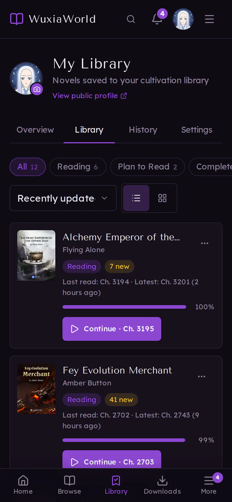 My Library on a phone: novels with their new chapter counts, progress bars and Continue buttons, above the tab bar