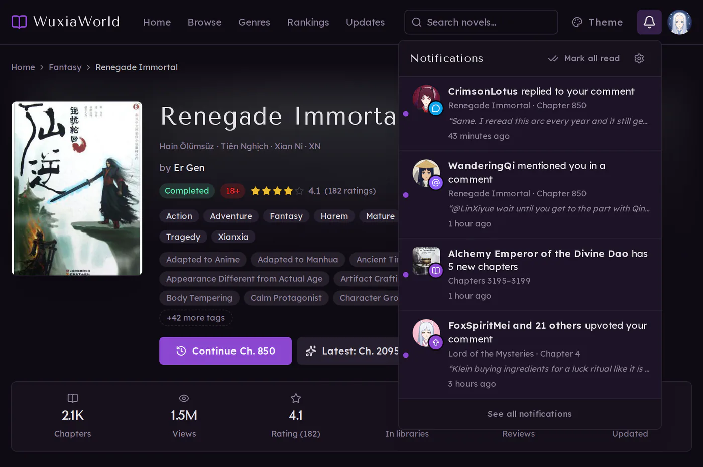 The notifications menu open on a computer, with a reply, a mention, new chapters and upvotes