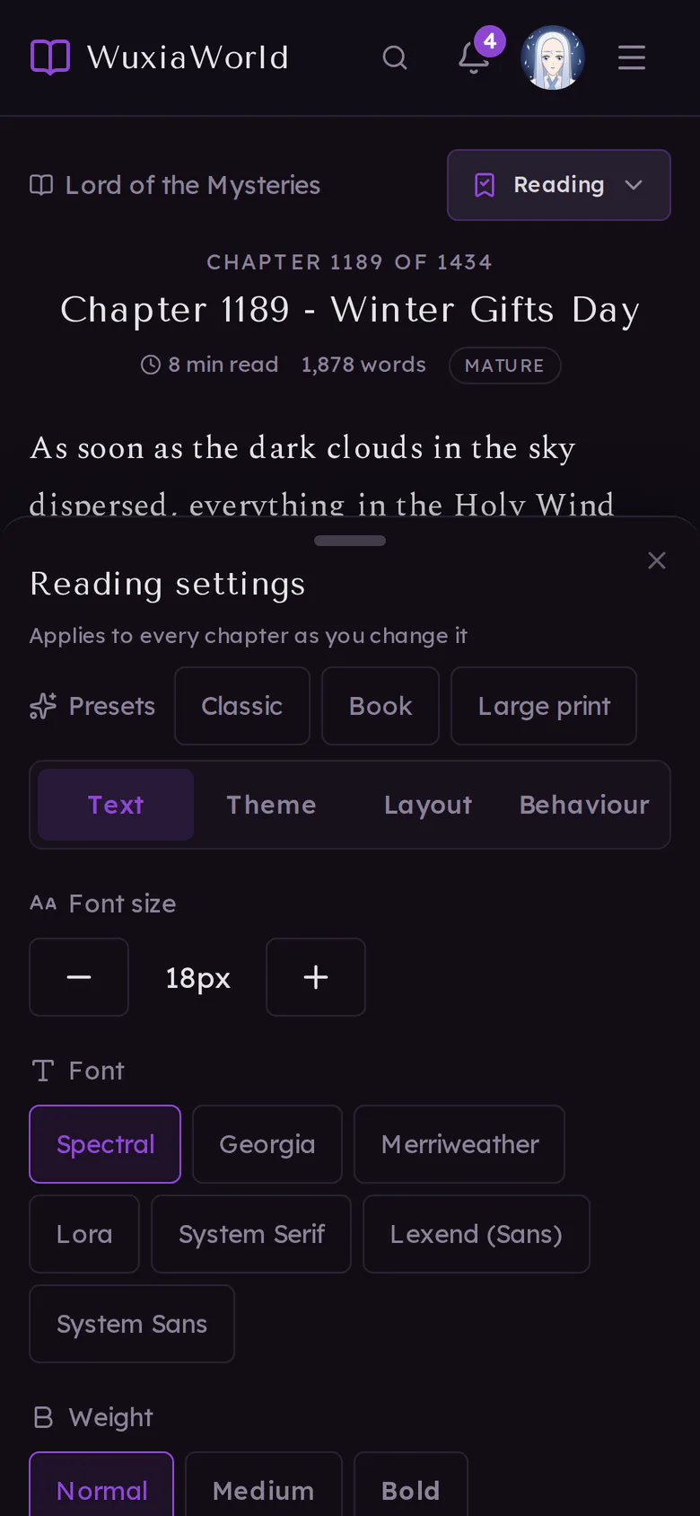 The reading settings panel over a chapter, with presets, font size and fonts