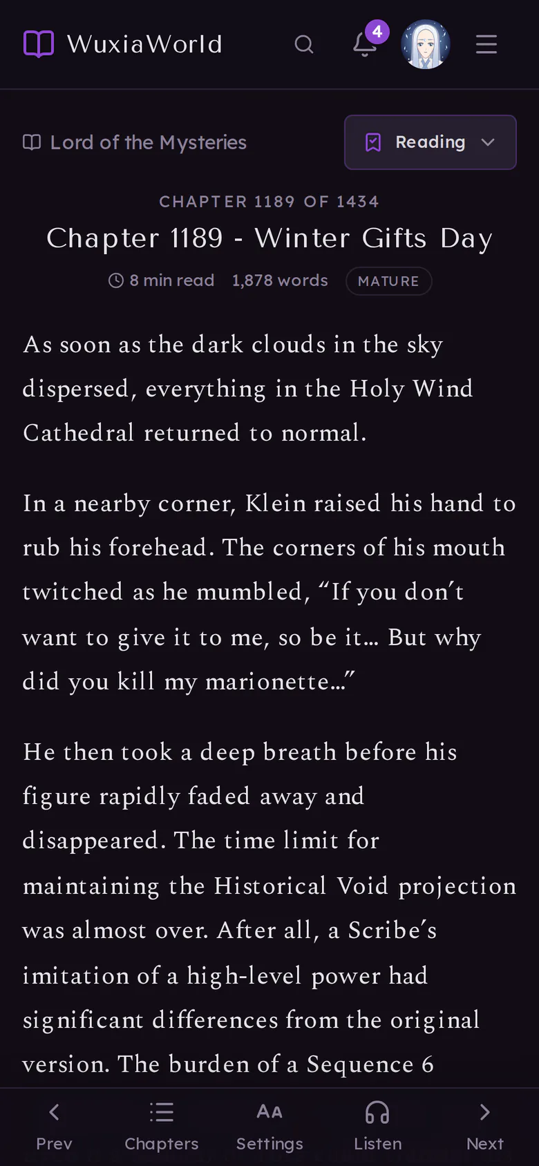 A chapter of Lord of the Mysteries in the reader on a phone, with the toolbar at the bottom