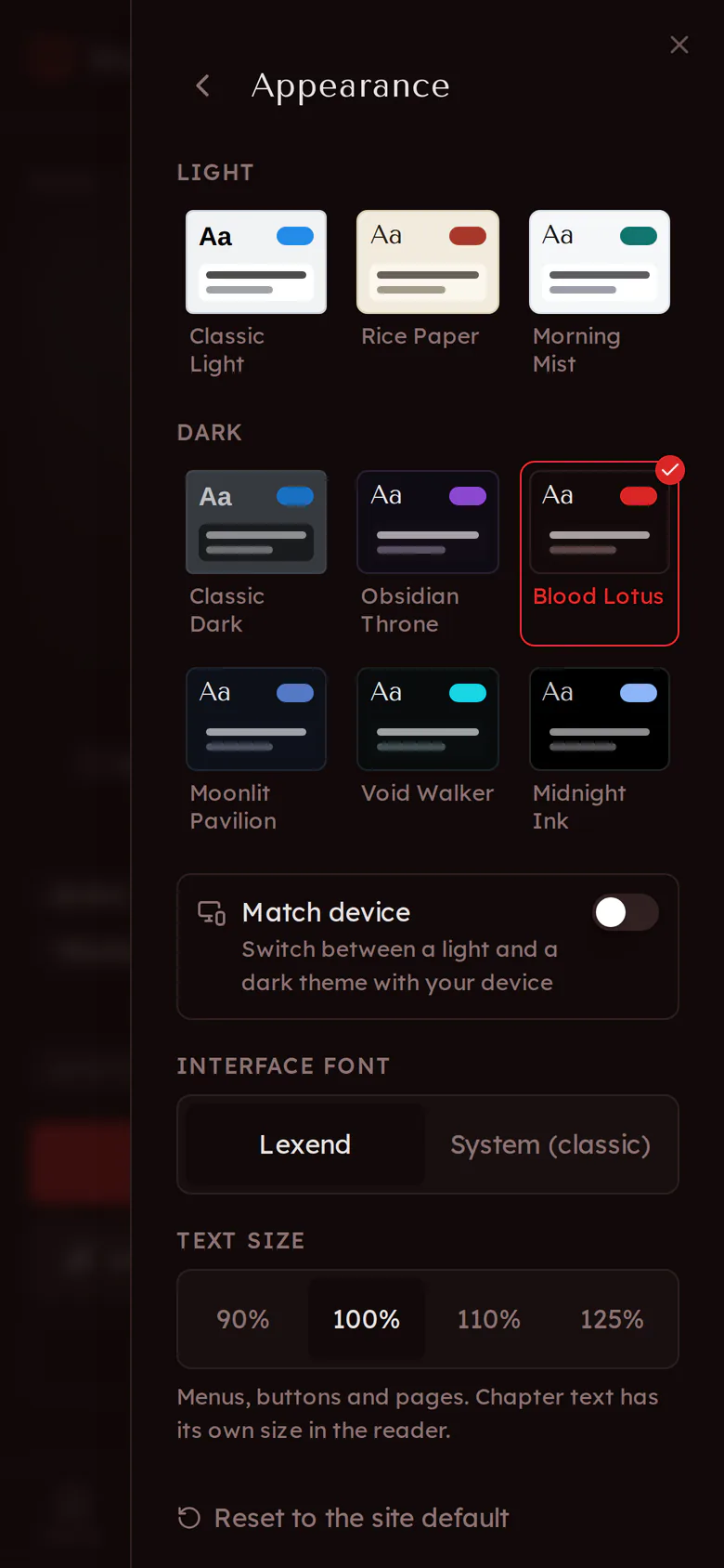 The Appearance panel listing the nine themes, with Blood Lotus picked
